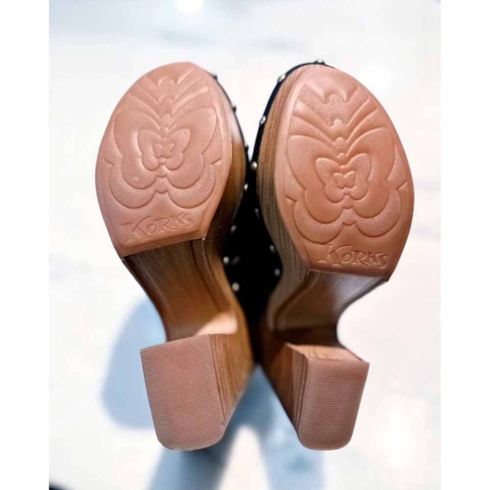 Korks Black Leather Wood Clogs Buckle Studded Heel Mule Shoes Women Size 6 - Picture 5 of 5